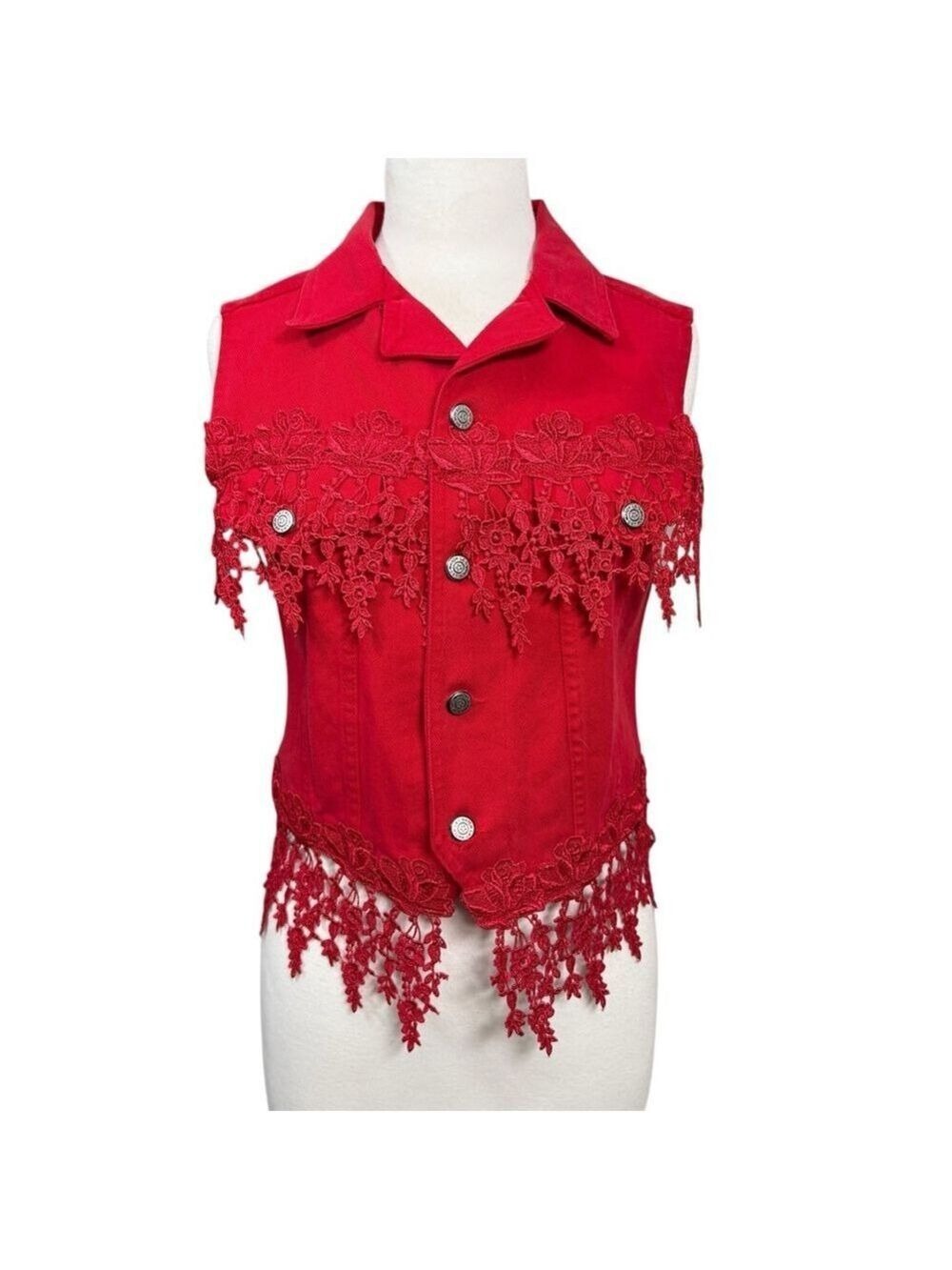 Vintage Watch L.A. Red Denim Lace Vest Women's Small Made in‎ USA